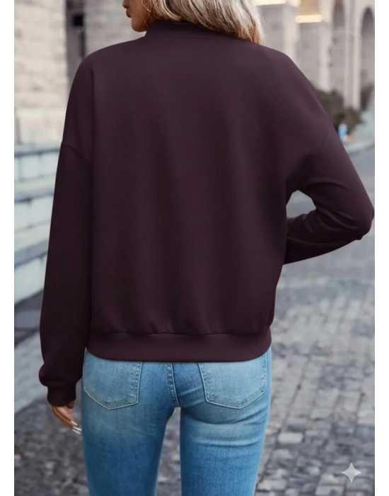 Kadın Uzun Kollu önden Fermuarlı Cepli Modal Mürdüm Ceket