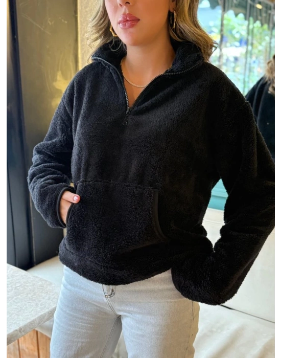 Kadın Uzun Kollu önden Fermuarlı Cepli Peluş Sweat