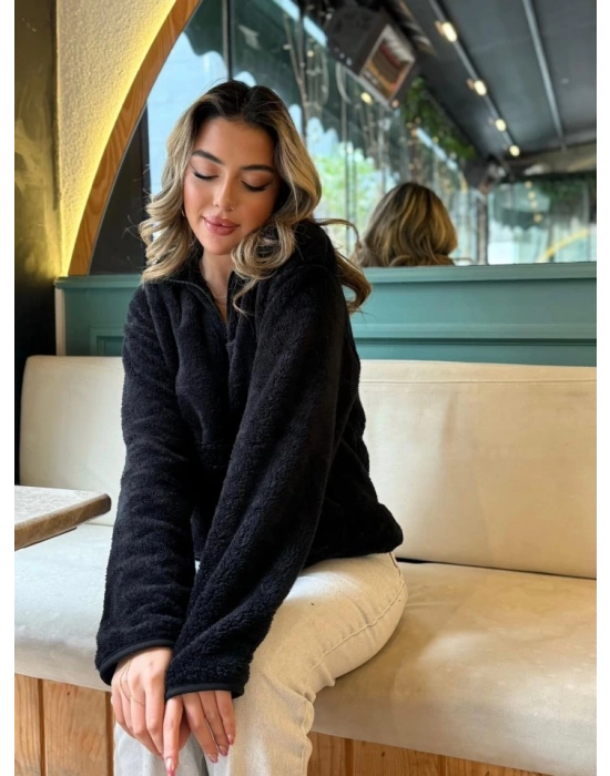 Kadın Uzun Kollu önden Fermuarlı Cepli Peluş Sweat
