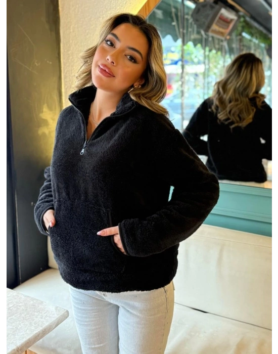 Kadın Uzun Kollu önden Fermuarlı Cepli Peluş Sweat