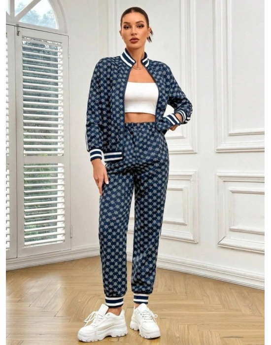 Kadın Uzun Kollu önden Fermuarlı Desenli Iki Iplik Bluz Ve Pantolon Ikili Takım
