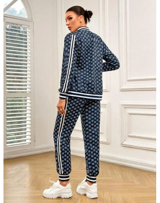 Kadın Uzun Kollu önden Fermuarlı Desenli Iki Iplik Bluz Ve Pantolon Ikili Takım