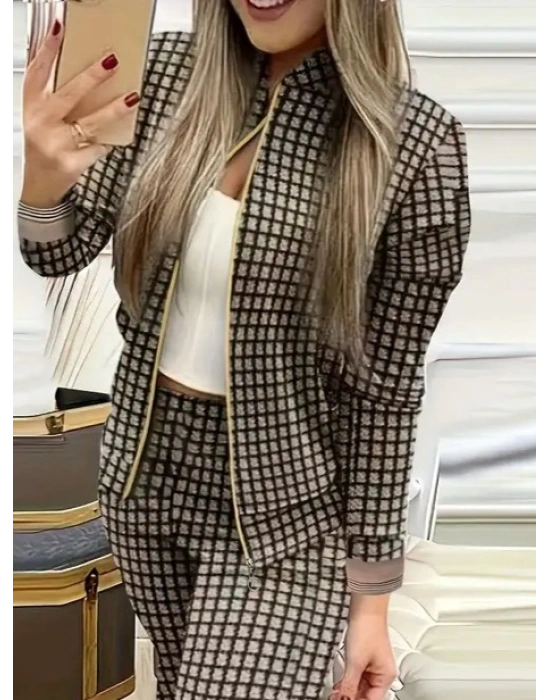 Kadın Uzun Kollu önden Fermuarlı Desenli şardonlu Dalgıç Ceket Ve Pantolon Ikili Takım