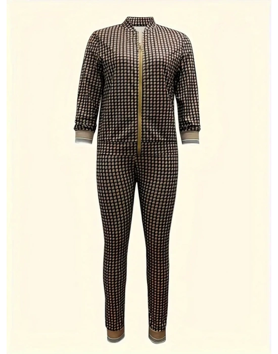 Kadın Uzun Kollu önden Fermuarlı Desenli şardonlu Dalgıç Ceket Ve Pantolon Ikili Takım