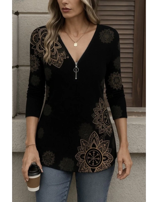 Kadın Uzun Kollu önden Fermuarlı Desenli Süprem Bluz