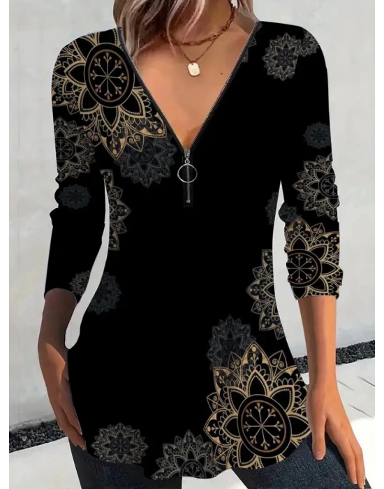 Kadın Uzun Kollu önden Fermuarlı Desenli Süprem Bluz