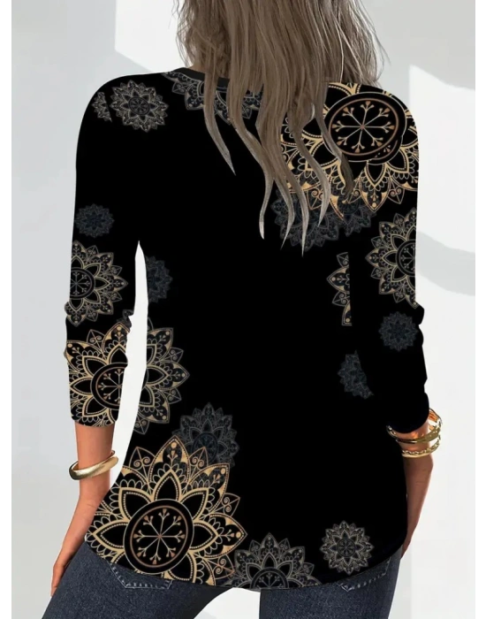 Kadın Uzun Kollu önden Fermuarlı Desenli Süprem Bluz