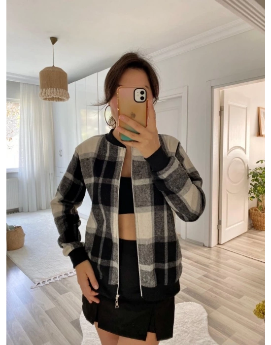 Kadın Uzun Kollu önden Fermuarlı Ekose Desenli Ceket