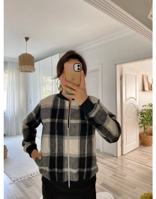 Kadın Uzun Kollu önden Fermuarlı Ekose Desenli Ceket