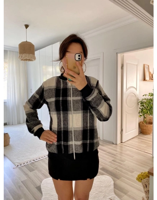 Kadın Uzun Kollu önden Fermuarlı Ekose Desenli Ceket