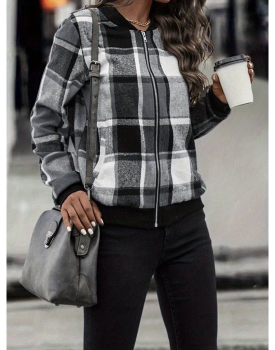 Kadın Uzun Kollu önden Fermuarlı Ekose Desenli Ceket