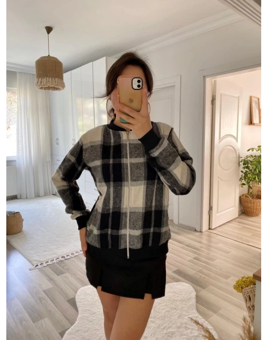 Kadın Uzun Kollu önden Fermuarlı Ekose Desenli Ceket