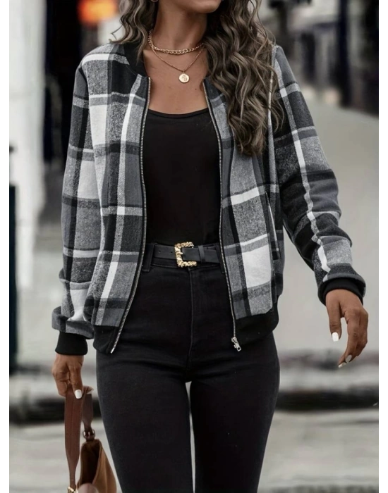 Kadın Uzun Kollu önden Fermuarlı Ekose Desenli Ceket