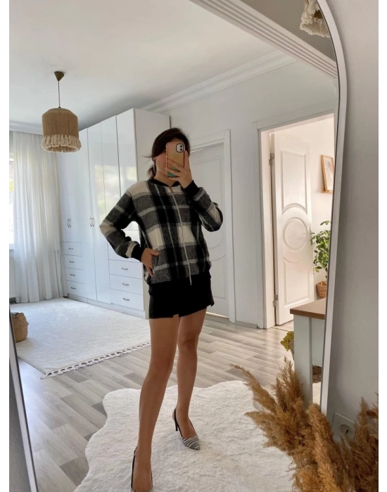 Kadın Uzun Kollu önden Fermuarlı Ekose Desenli Ceket