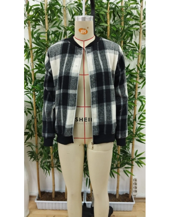 Kadın Uzun Kollu önden Fermuarlı Ekose Desenli Ceket