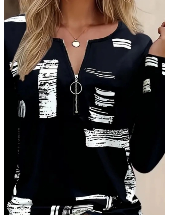 Kadın Uzun Kollu önden Fermuarlı Geometrik Desenli Süprem Bluz