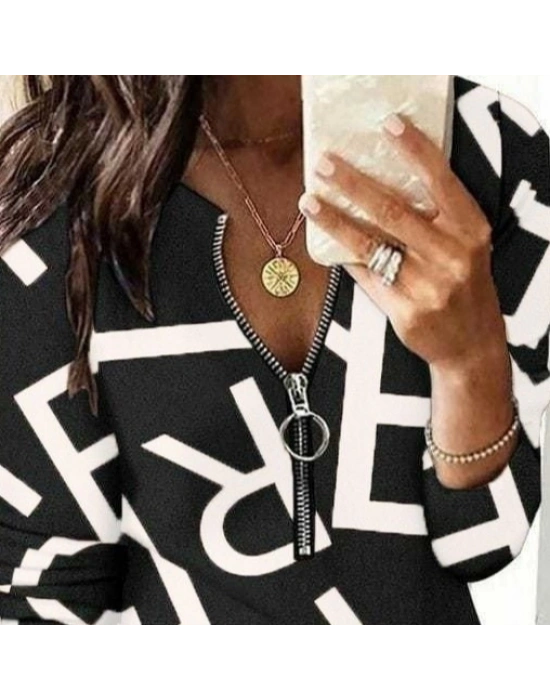 Kadın Uzun Kollu önden Fermuarlı Harf Baskılı şardonlu Dalgıç Bluz