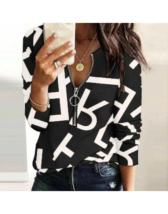 Kadın Uzun Kollu önden Fermuarlı Harf Baskılı şardonlu Dalgıç Bluz