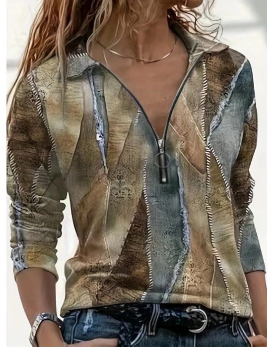 Kadın Uzun Kollu önden Fermuarlı Iki Iplik Bluz