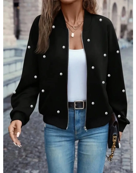 Kadın Uzun Kollu önden Fermuarlı Incili Kısa Modal Ceket