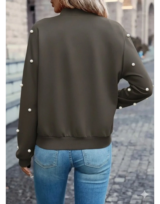 Kadın Uzun Kollu önden Fermuarlı Incili Kısa Modal Ceket
