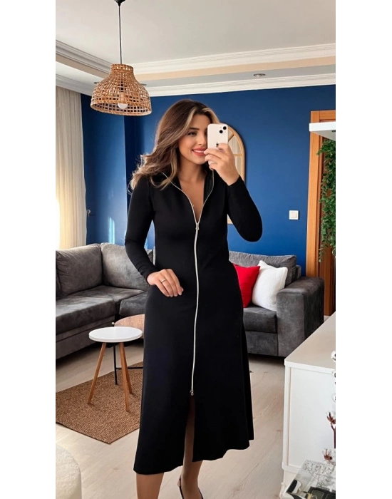 Kadın Uzun Kollu önden Fermuarlı Ithal Krep Elbise
