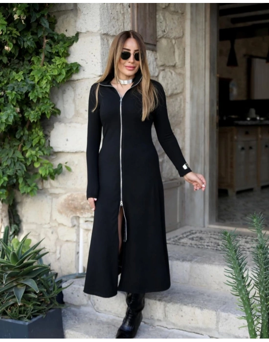 Kadın Uzun Kollu önden Fermuarlı Ithal Krep Elbise