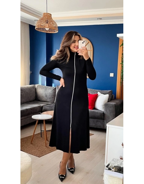 Kadın Uzun Kollu önden Fermuarlı Ithal Krep Elbise