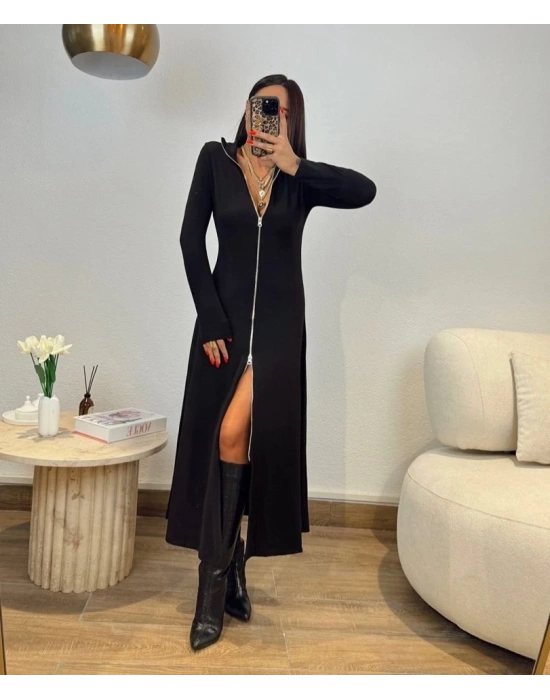 Kadın Uzun Kollu önden Fermuarlı Ithal Krep Elbise