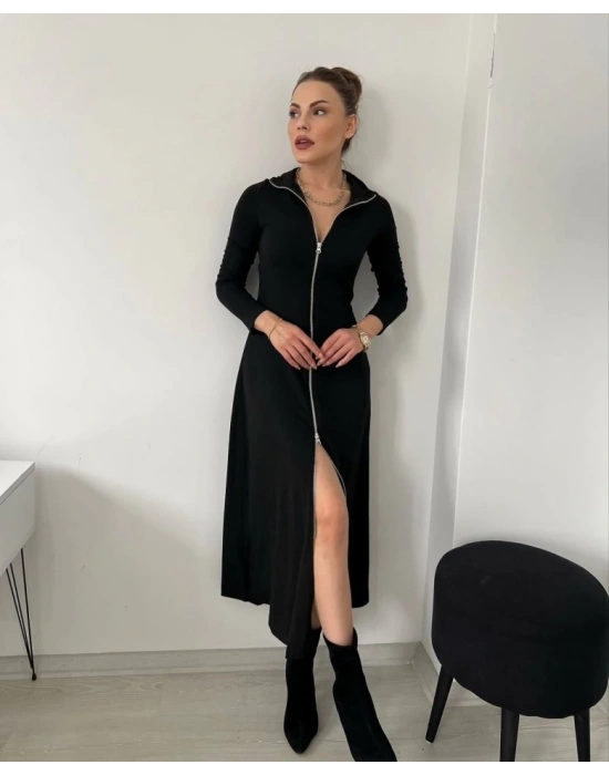 Kadın Uzun Kollu önden Fermuarlı Ithal Krep Elbise