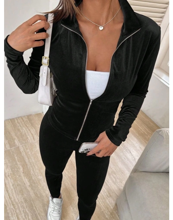 Kadın Uzun Kollu önden Fermuarlı Kadife Bluz Ve Pantolon Ikili Takım