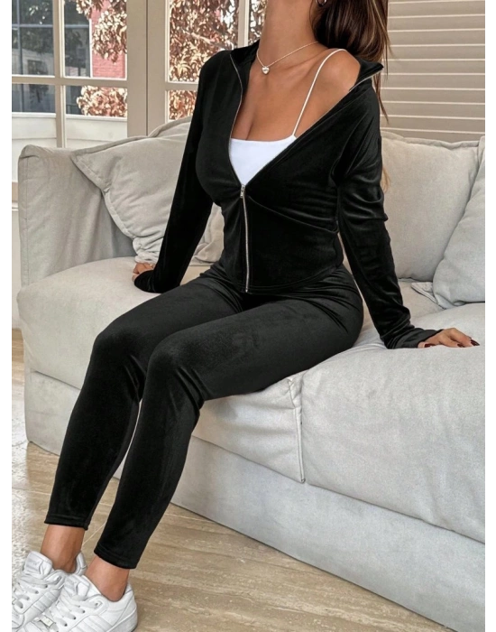 Kadın Uzun Kollu önden Fermuarlı Kadife Bluz Ve Pantolon Ikili Takım