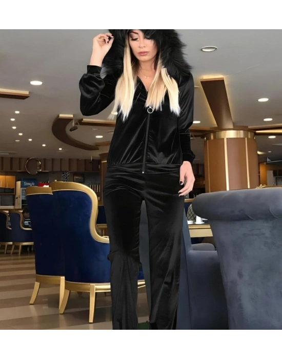 Kadın Uzun Kollu önden Fermuarlı Kapşon Tüy Detaylı Kadife Bluz Ve Pantolon Ikili Takım