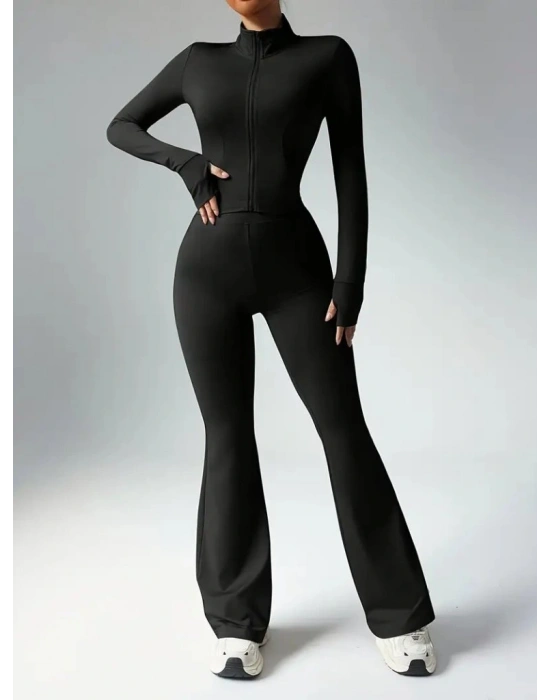 Kadın Uzun Kollu önden Fermuarlı Kısa Dalgıç Bluz Ve Pantolon Ikili Takım