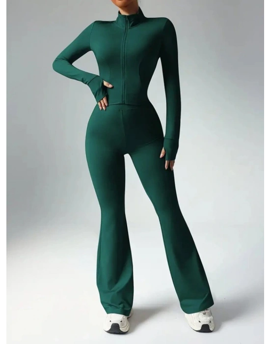 Kadın Uzun Kollu önden Fermuarlı Kısa Dalgıç Bluz Ve Pantolon Ikili Takım