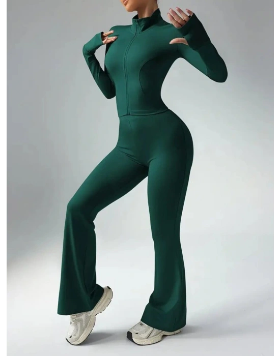 Kadın Uzun Kollu önden Fermuarlı Kısa Dalgıç Bluz Ve Pantolon Ikili Takım