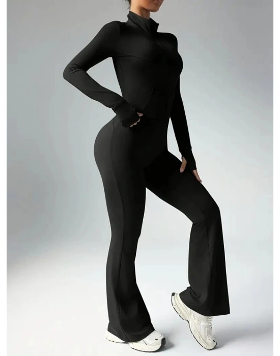 Kadın Uzun Kollu önden Fermuarlı Kısa Dalgıç Bluz Ve Pantolon Ikili Takım