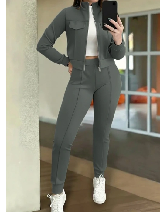 Kadın Uzun Kollu önden Fermuarlı Kısa Modal Ceket Ve Pantolon Ikili Takım