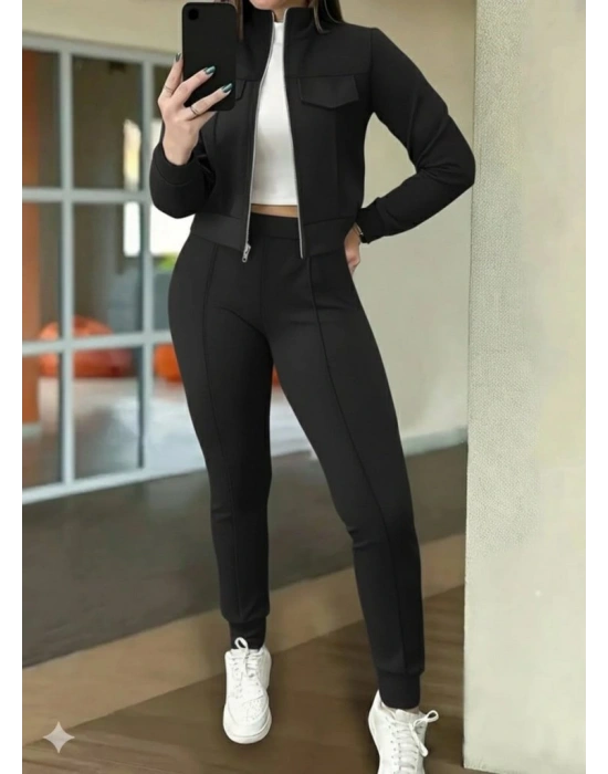 Kadın Uzun Kollu önden Fermuarlı Kısa Modal Ceket Ve Pantolon Ikili Takım