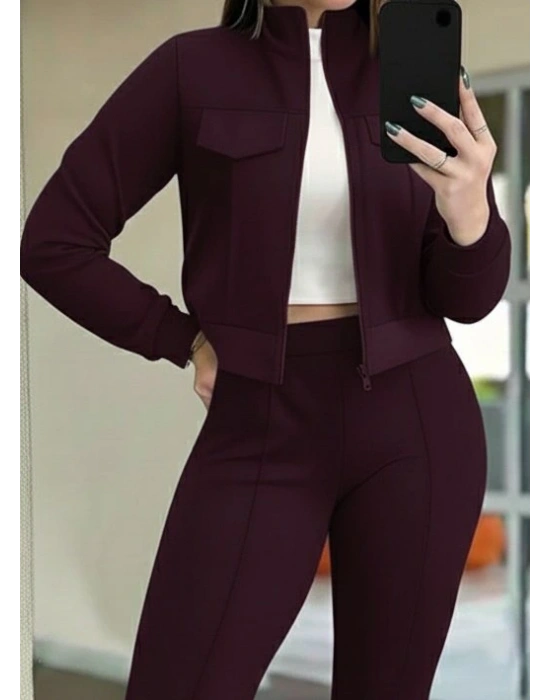 Kadın Uzun Kollu önden Fermuarlı Kısa Modal Mor Ceket Ve Pantolon Ikili Takım