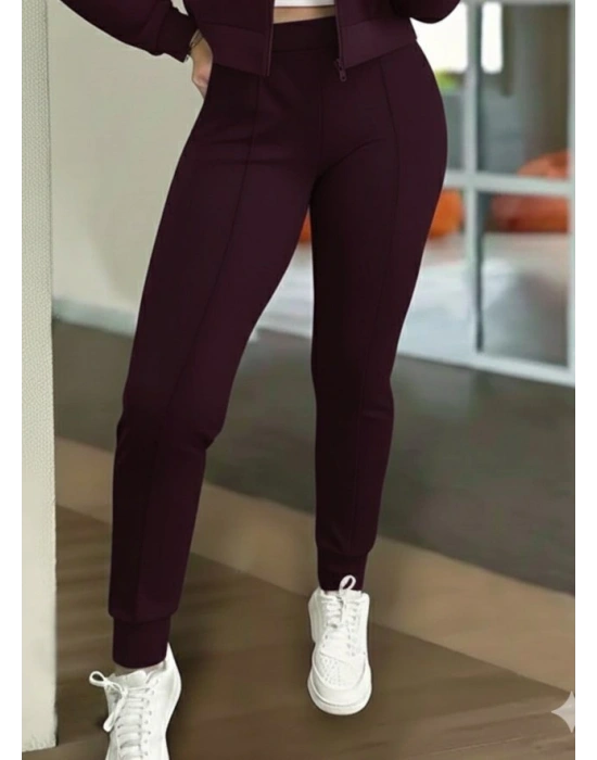 Kadın Uzun Kollu önden Fermuarlı Kısa Modal Mor Ceket Ve Pantolon Ikili Takım