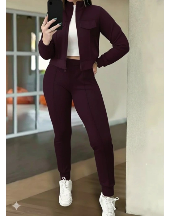 Kadın Uzun Kollu önden Fermuarlı Kısa Modal Mor Ceket Ve Pantolon Ikili Takım