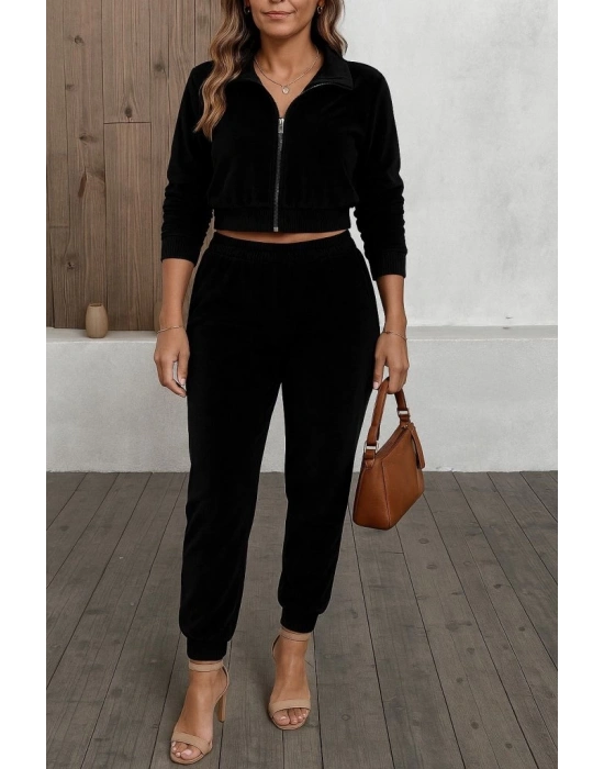 Kadın Uzun Kollu önden Fermuarlı Krop Kadife Ceket Ve Pantolon Ikili Takım
