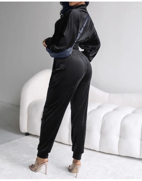 Kadın Uzun Kollu önden Fermuarlı Krop Kadife Ceket Ve Pantolon Ikili Takım