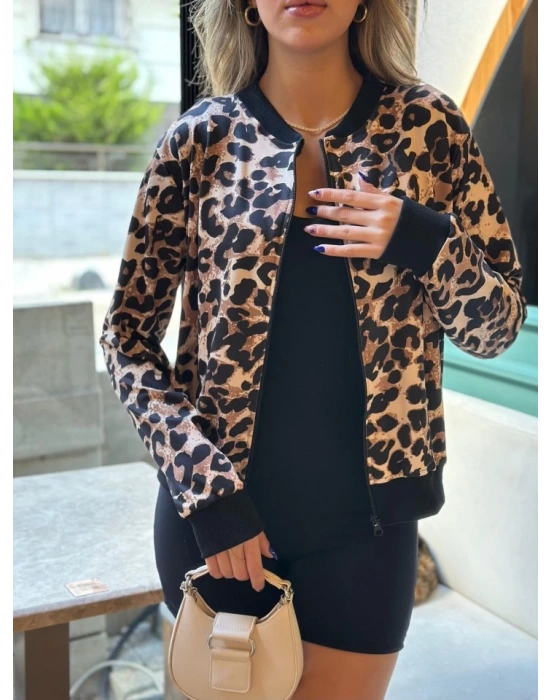 Kadın Uzun Kollu önden Fermuarlı Leopar Baskılı şardonlu Dalgıç Ceket