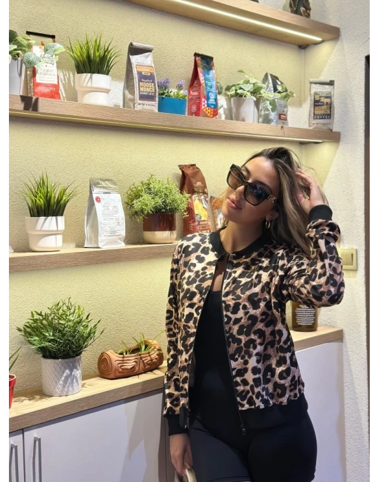 Kadın Uzun Kollu önden Fermuarlı Leopar Baskılı şardonlu Dalgıç Ceket