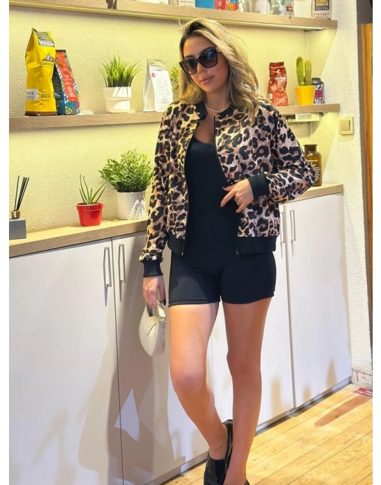 Kadın Uzun Kollu önden Fermuarlı Leopar Baskılı şardonlu Dalgıç Ceket