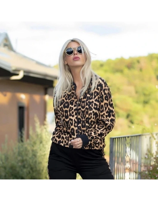Kadın Uzun Kollu önden Fermuarlı Leopar Desen Detaylı Viskon Iki Iplik Kumaş Ikili Takım