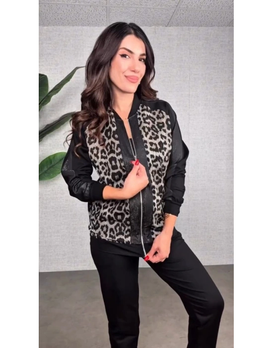 Kadın Uzun Kollu önden Fermuarlı Leopar Desenli Viskon Iki Iplik Bluz Ve Pantolon Ikili Takım