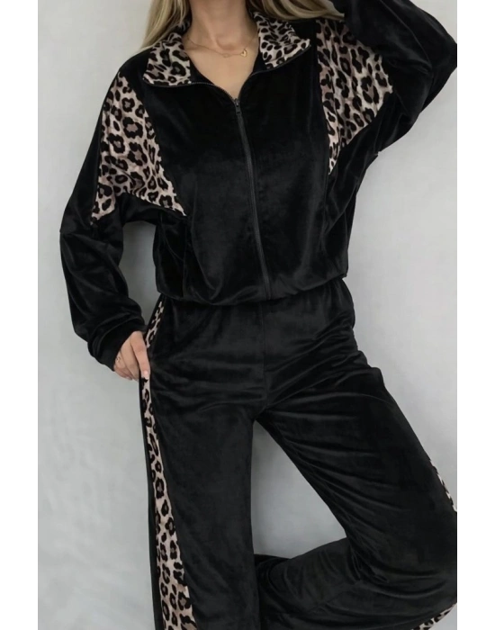 Kadın Uzun Kollu önden Fermuarlı Leopar Detaylı Kadife Bluz Ve Pantolon Ikili Takım
